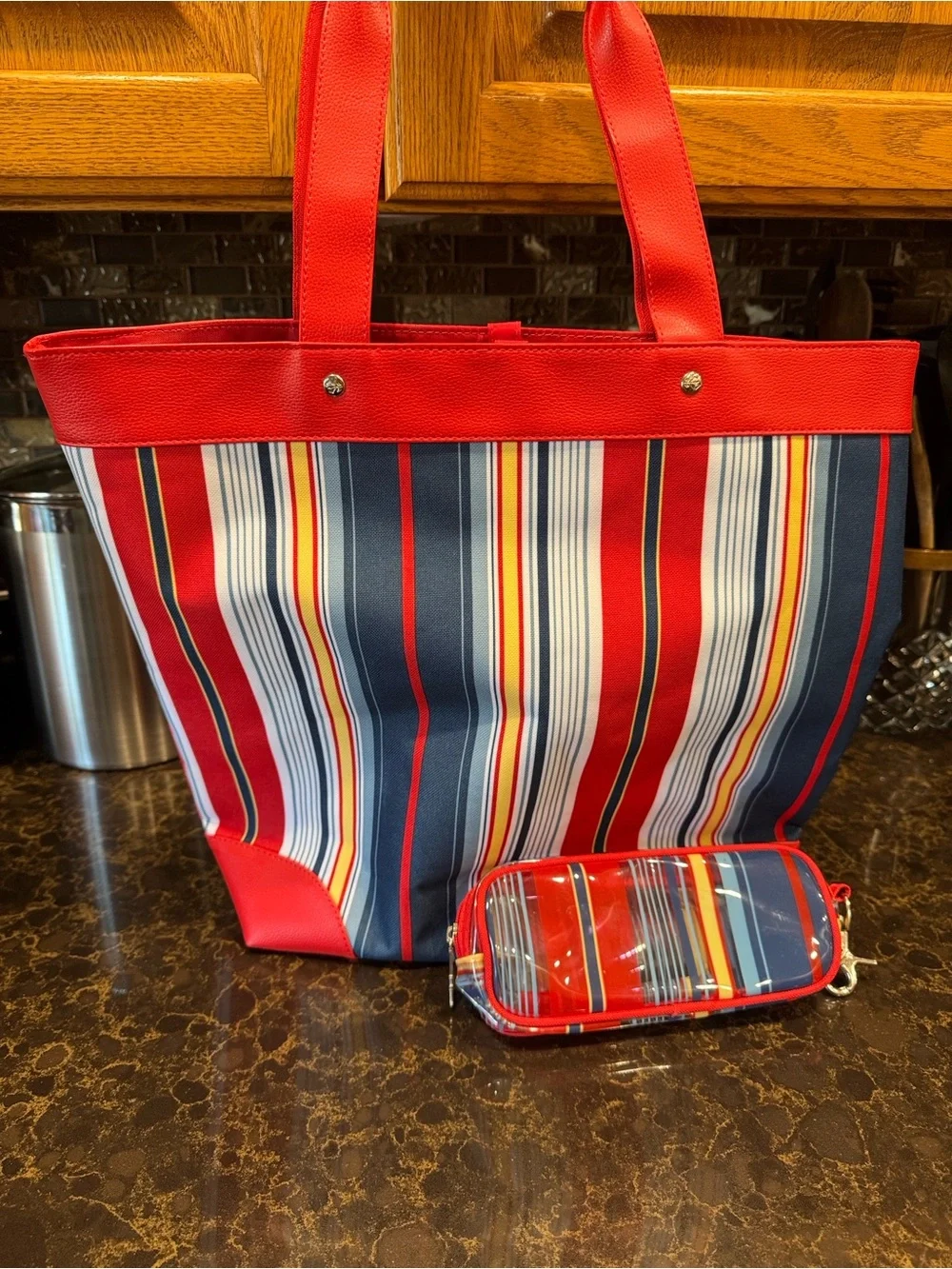 Lancôme Red Striped Tote Bag with Matching Pouch - Women's Beach & Everyday Tote
